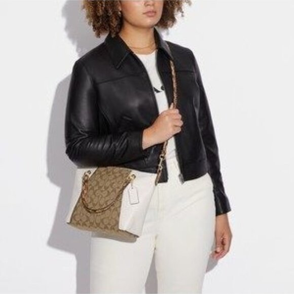 Coach Brown & White Signature Canvas & Leather Mini Tote Crossbody Bag With Adju - Picture 3 of 16